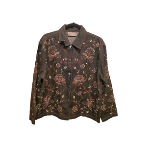 Womens Jacket Small Blue Denim Button Up Floral Embroidered Collared Long Sleeve - Picture 1 of 14