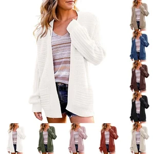 Women's Hollow Knitted Long Sleeve Sweater Solid Open Front Casual Cardigan Coat - Picture 1 of 51