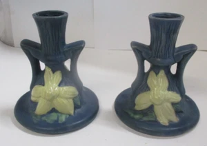 2 Repro Roseville Blue Clematis Candle Sticks Holders - Picture 1 of 10
