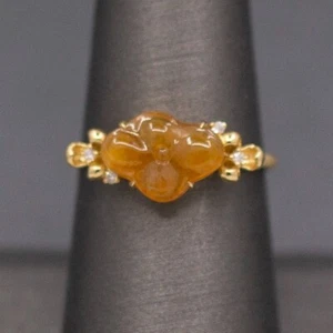 Petite Golden Jade Jadeite and Diamond Carved Flower Ring in 18k Yellow Gold - Picture 1 of 9