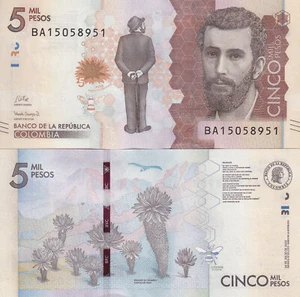 COLOMBIA 5000 PESOS 2015 UNC BA,A VIEW OF THE ANDES MOUNTAINS WITH RIVERS FOWING - Picture 1 of 1