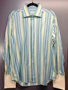 Duncan Quinn Hemd Herren 16,5 Blau/Gelb French-Cuff Langarm Made In Italy - Bild 1 von 9