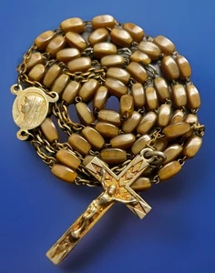 Vintage Catholic Rectangular Caramel Milk Glass Rosary, Gold Tone Crucifix - Picture 1 of 7