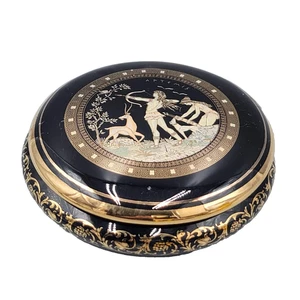 Fintias Greek Ceramic Lidded Trinket Jewelry Box Artemis Black 24K Gold Handmade - Picture 1 of 12