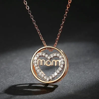 Collar Colgante Corazón Mamá Oro Rosa, Piedras Brillantes Perfecto Regalo Día de la Madre’s Foto 1 de 2