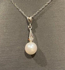 14k Weißgold Anhänger mit Perle und Diamantsplitter an zarter 18" Kette - Bild 1 von 5