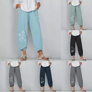 Women's Cotton Linen Pants Elastic Waist Trousers Baggy Loose Casual Plus Size - Picture 1 of 17
