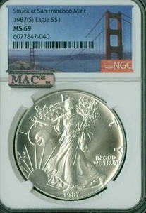 1987 (S) SILVER EAGLE NGC MS69 MAC SPOTLESS VERY RARE LOW POP BAY BRIDGE * - Picture 1 of 4