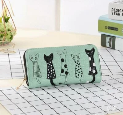 Mujer Cuero Cartera Lindo Gato Chequera Bolso sin asas Portatarjetas Cartera Teléfono Bolso de mano Foto 1 de 4