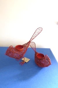 Pair of Metal Woven Wire Red Cardinal Tealight Candle Holders - Picture 1 of 8