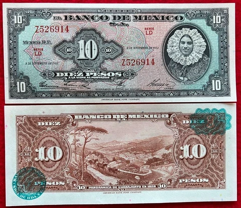 1961 Mexico 10 Pesos UNC Tehuana Mexican banknotes Billete SERIE LD PREFIX Z Cover