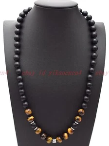 Mens Beads Necklace 8mm Black Matte Agate TigerEye Stone Healing Chakra Necklace - Picture 1 of 11