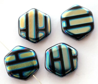4 CZECH PRESSED GLASS BLACK FLAT HEXAGONAL BEADS WITH PEACOCK MARKINGS, 17 MM - Image 1 of 3