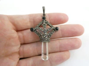 Ciondolo croce vintage argento sterling onice nera marcasite e quarzo 10 g 2,5 pollici - Foto 1 di 11
