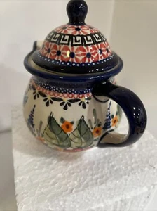 POLISH POTTERY UNIKAT TEAPOT BUTTERFLY GARDEN 1 1/2 Cup PEONIES Signed NEW￼ - Picture 1 of 12