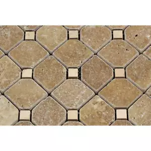 Noce Travertine Tumbled Octagon Mosaic Tile w/ Ivory Dots - Picture 1 of 2