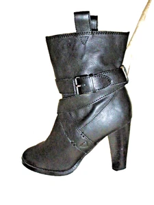BLACK LEATHR COLIN STUART HEELED Fashion Ankle Boots Slouch Biker Style 9B - Picture 1 of 12