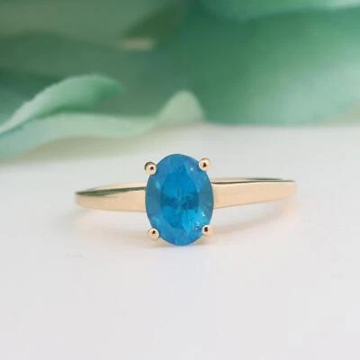 Anillo solitario ovalado azul apatita oro amarillo 14K 1,35 quilates talla 7,25 Foto 1 de 4
