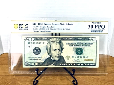2013 $20 FRN PCGS Very Fine 30PPQ Fancy TRUE 0/1 BINARY Serial #MF10001001F - Image 1 of 2