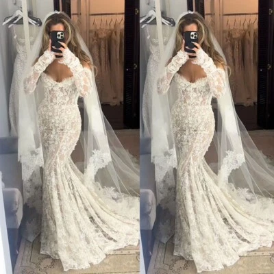Bohemian Lace Mermaid Wedding Dress Off The Shoulder Long Sleeve Corset Bridal - Image 1 of 4