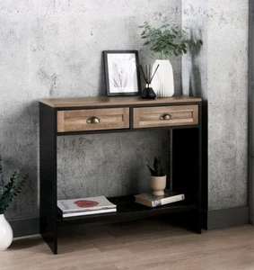 Natural 2 Drawer Console Table Black Wooden Frame & Wooden Drawers Furniture New - Picture 1 of 3
