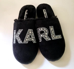 KARL LAGERFELD Paris womens Fur slippers Mules Rhinestone Logo Size 9 Black - Picture 1 of 4