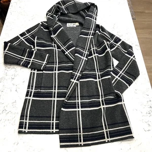 Cárdigan suéter de lana Field Flower Anthropologie gris a cuadros con capucha frente abierto - Imagen 1 de 12