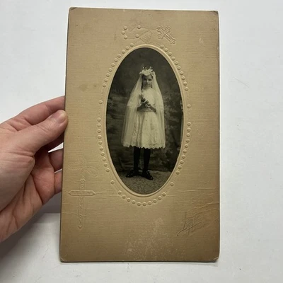 Antique Brault Studio First Communion Photo Manistique MI Girl Portrait 8.75x5.5 - Image 1 of 4