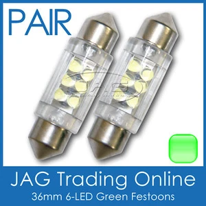 2 x 36mm 6-LED GREEN FESTOON INTERIOR LIGHT GLOBES/BULBS - Car/Boat/Trailer/Auto - Picture 1 of 2