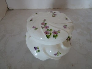 Vintage FENTON WHITE CASED WAVE CREST POWDER BOX Jar hand painted violets 6" W - Picture 1 of 12