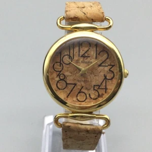 St Marin Watch Women 32mm Brown Cork Dial Gold Tone Leather Band New Battery - Picture 1 of 16