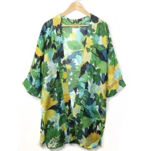 Mujer Floral Kimono Ropa de Playa Blusa Bikini Cárdigan Cubierta Larga Verde Abstracto - Imagen 1 de 2