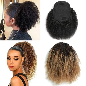 Clip In Mongolian Afro Kinky Curly Ponytail 100% Human Hair Ponytails Drawstring - Picture 1 of 35