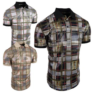 Designer Italian Mens Polo Shirt Plaid Shiny Foil Highlights Slim Fit Stretch 2 - Picture 1 of 12