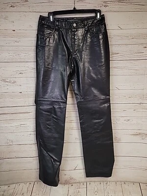 Pantalones de cuero genuino corte bota hueco de colección para mujer 6 negros tiro medio bolsillo de motociclista Y2K Foto 1 de 4