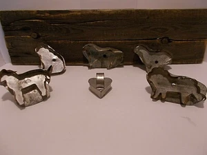 Antique Handmade Tin Cookie Cutters w Handles as Christmas Ornaments Set of 6 - Picture 1 of 12
