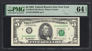 United States-Federal Reserve 5 Dollars 1995 Fr#1984-B (BE Block) UNC Grade 64 - Picture 1 of 2