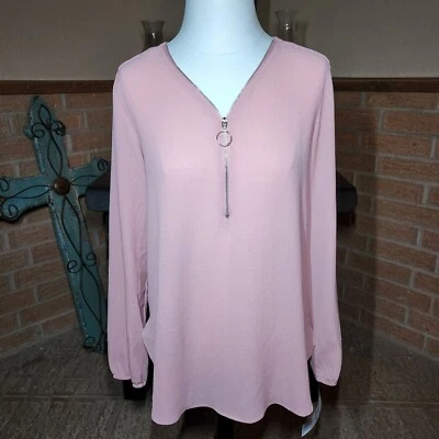 NWT Valerie Stevens Pink Tunic Top w/ 1/4 Zip Balloon Sleeves Size S - Image 1 of 4