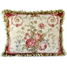 Wool Needlepoint Throw Pillow Cover Handmade Rose Bouquet Scrolls Cushion 16x20