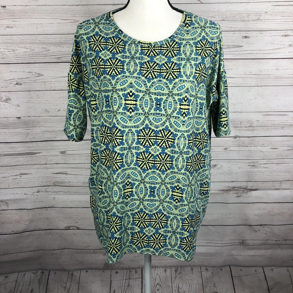 Túnica LuLaRoe Irma para mujer talla XXS azul amarillo top geométrico suave usada en excelente estado Foto 1 de 4