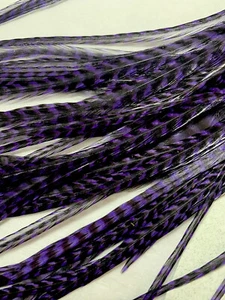 5 Extra long Skinny PURPLE Grizzly Striped Feather Hair Extensions W/ Beads - Picture 1 of 2