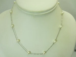 Collar estilo taza de lata de perlas cultivadas de oro blanco de 14k cadena arrugada de 16 1/4 pulgadas - Imagen 1 de 11