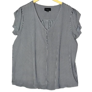 Blusa Premise Azul Marino Blanco Rayas Verticales Cuello en V Mangas Cortas Tulipán Talla 2X - Imagen 1 de 8