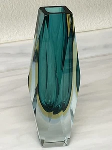 Murano Mandruzzato Sommerso Faceted Teal Blue Green Glass Vase Italy 10” Tall - Picture 1 of 17