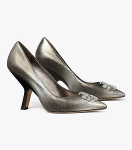 New Tory Burch Eleanor Pave Pumps 100mm Metallic Snake Embossed Leather Size 11 - Picture 1 of 7