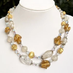 Vtg Lampworked Vendome Venetian Foil Glass Gold Crystal Bead Necklace Foiled - Picture 1 of 10