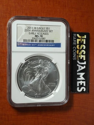 2011 W ПОЛИРОВАННЫЙ СЕРЕБРЯНЫЙ ОРЕЛ NGC MS70 РАННИЕ ВЫПУСКИ ИЗ НАБОРА К 25-ЛЕТИЮ - Изображение 1 из 2