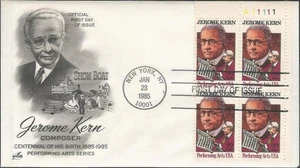 Scott 2110 FDC with Plate Block of 4 - 22 cent - 1985 - Jerome Kern - FDOI - Picture 1 of 2