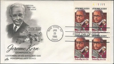 Scott 2110 FDC with Plate Block of 4 - 22 cent - 1985 - Jerome Kern - FDOI - Image 1 of 2