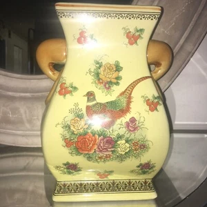 DUNOON Vase Fine Scotland Stoneware Yellow Floral Birds Pattern Vintage - Picture 1 of 12